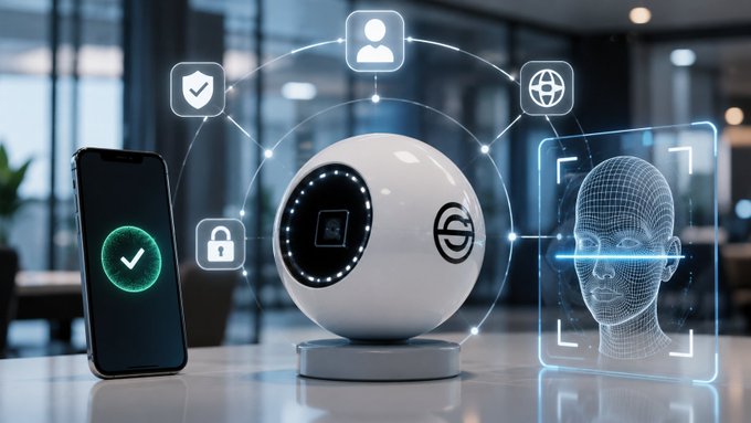 The image features a white ball with a camera on top of it, surrounded by various icons representing different security measures such as a lock, padlock, and a cell phone displaying a green checkmark. The text "World" appears multiple times throughout the scene, suggesting that World is entering a new phase in its business model. The image also includes a caption about the shift towards a sustainable fee-based business model powered by World ID.