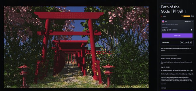A serene pathway lined with red torii gates and blooming cherry blossoms is displayed as "Path of the Gods [神の道]," a digital artwork from the Borrowed Light Series being auctioned with a reserve met at 0.69 ETH and ending in 00:21:43:20.