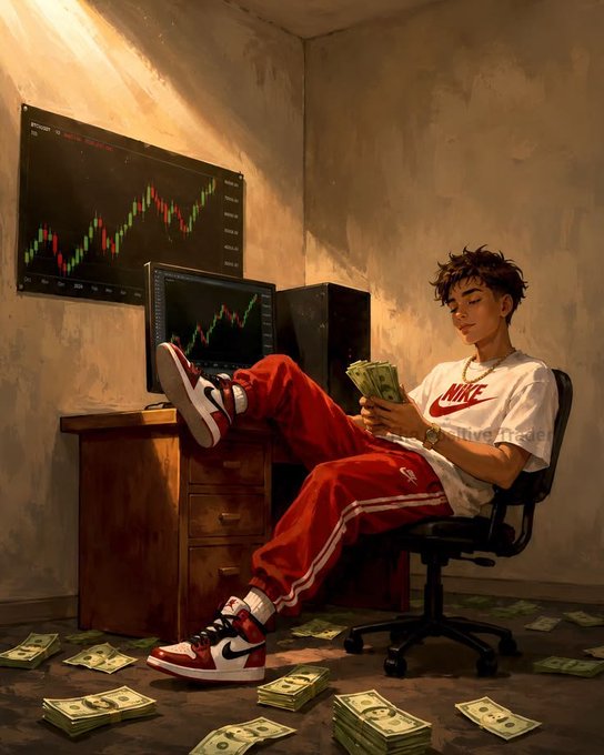 An AI-generated illustration of a young man in Nike apparel sitting at a desk with feet up, holding stacks of cash, with a Bitcoin candlestick chart on his monitor and money scattered on the floor.