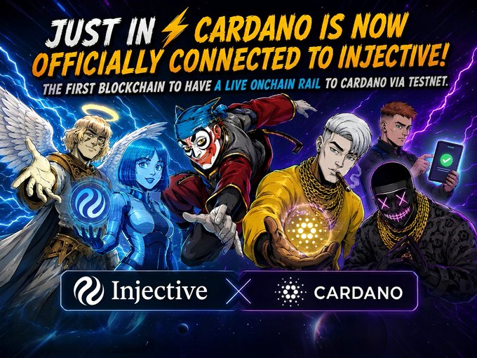 A vibrant anime-style promotional graphic announces "JUST IN: CARDANO IS NOW OFFICIALLY CONNECTED TO INJECTIVE!" with the subtitle "THE FIRST BLOCKCHAIN TO HAVE A LIVE ONCHAIN RAIL TO CARDANO VIA TESTNET," featuring colorful characters alongside the Injective and Cardano logos. The imagery directly supports the post's message by visually celebrating the historic blockchain bridge connection between $INJ and $ADA.