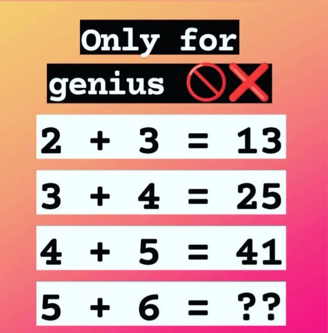 A math puzzle graphic titled 'Only for genius' featuring incorrect addition equations: 2+3=13, 3+4=25, 4+5=41, and asking for the answer to 5+6=??.