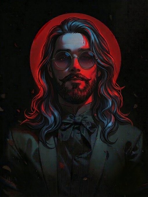 A digital portrait depicts a man with long flowing hair, a beard, and round sunglasses, set against a dark background with a red circular halo behind his head.