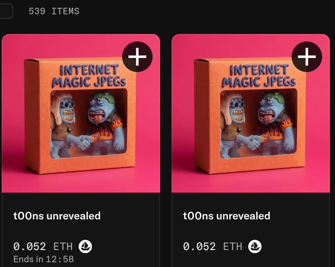 A digital marketplace displays two identical NFT listings for "t00ns unrevealed" priced at 0.052 ETH each, both featuring an "Internet Magic JPEGs" box with cartoon characters. The post celebrates the t00ns mint and encourages accumulating the collection, which aligns with the image showing two available t00ns listings ready to purchase.