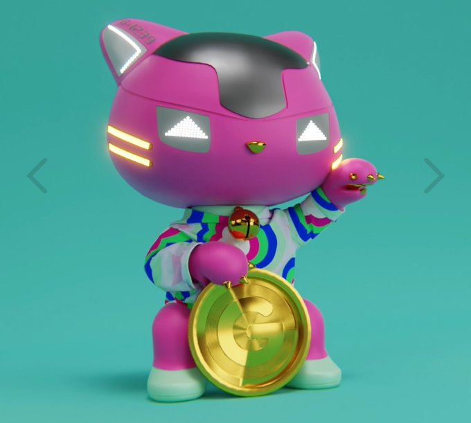 A 3D rendered pink cat-like mascot character with glowing eyes wearing a colorful patterned outfit and holding a gold coin, displayed on a teal background with navigation arrows.