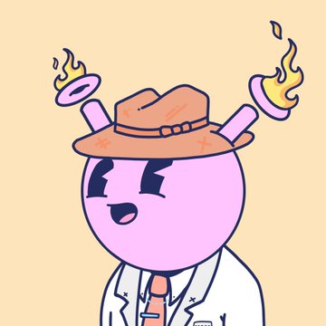 A purple cartoon character with a brown hat, white coat, and flaming pink horns smiles cheerfully against a beige background, likely representing one of the "Quirkies" NFT options the poster is considering switching their profile picture to.