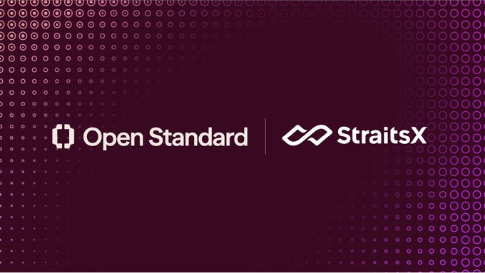 A promotional graphic with a purple dotted background featuring the 'Open Standard' and 'StraitsX' logos side by side.