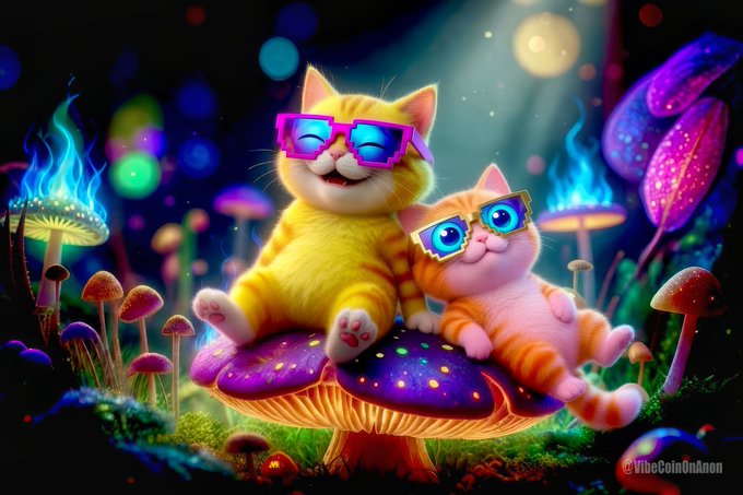 Two colorful kittens wearing sunglasses lounge on a glowing purple mushroom in a vibrant fantasy forest filled with bioluminescent mushrooms and fire-like wisps. Watermark reads @VibeCoinAnon.