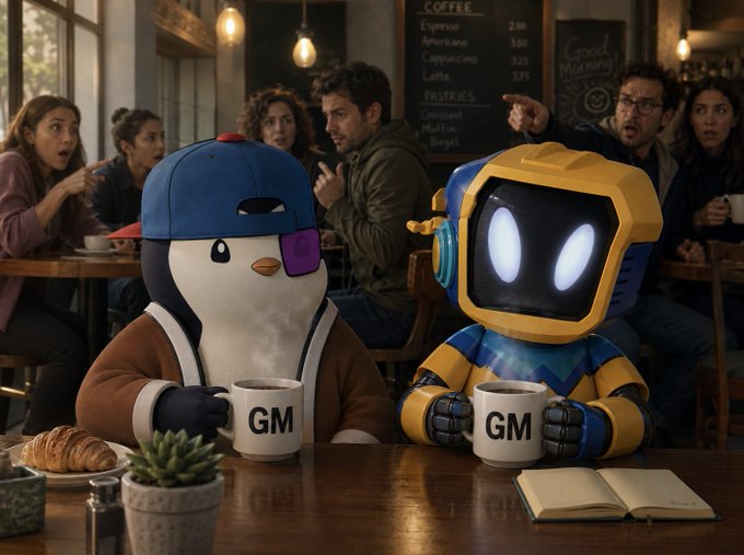 A 3D-rendered scene in a coffee shop featuring a penguin character in a hoodie and a yellow robot character holding 'GM' mugs, while shocked-looking human patrons look on in the background.