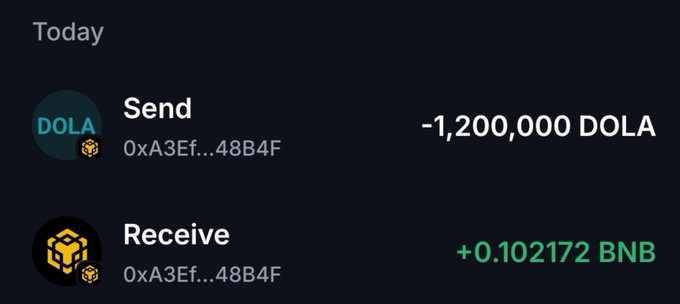 The image displays a transaction history showing a send of 1,200,000 DOLA and a receipt of 0.102172 BNB from the address 0xA3Ef...48B4F, which serves as "proof" of payment in the associated scam post promoting a fake $DOLA airdrop that requests BNB to a suspicious address.