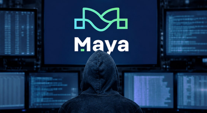 A hooded figure faces a wall of glowing monitors displaying code, with the Maya Protocol logo prominently centered above them. The image visually reinforces the post's theme of a sophisticated hacker exploiting Maya Protocol's DeFi system through multiple chained vulnerabilities.