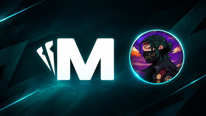 A dark teal banner featuring a large white 'M' logo next to a circular profile image of an anime-style character with a masked face against a purple sky.