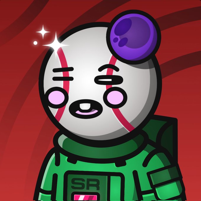 A cartoon baseball character wearing a green "SR" space suit with a purple helmet bubble is shown against a red background with a sparkle accent. The image relates to the post as it showcases NFT art from the @SpaceRidersXYZ collection, celebrating the artwork and crediting @zubic_eth for promoting positivity in the space.