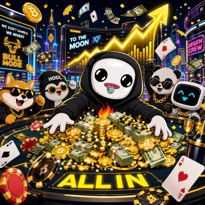 The image features a cartoon character wearing a black hoodie, surrounded by stacks of money and poker chips. The character appears to be holding up a sign that says "Allin" above the piles of money. In the background, there are other cartoon characters, including a panda bear and a robot, as well as various elements from the world of poker such as poker chips and playing cards. The image also includes text that reads "Gm @grok and replies guys".