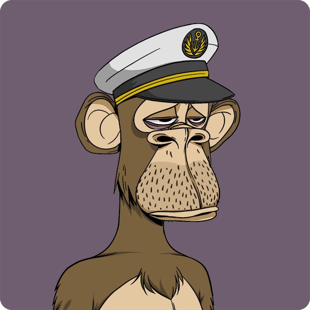 A cartoon illustration of a bored-looking Bored Ape Yacht Club NFT character wearing a white captain's hat with a gold emblem.