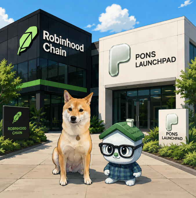 An illustrated/AI image showing a Shiba Inu dog and a cartoon character with glasses and a green hat standing in front of buildings labeled 'Robinhood Chain' and 'PONS LAUNCHPAD'.