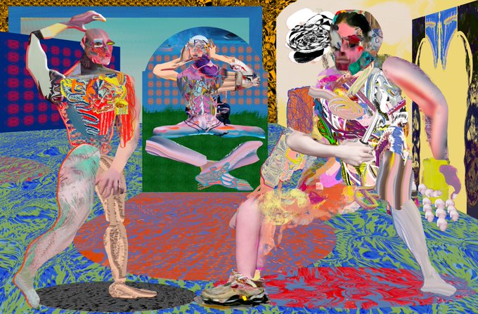 A surreal, colorful digital collage featuring three distorted human figures with abstract textures, set in a vibrant room with green grass, blue skies, and patterned walls.