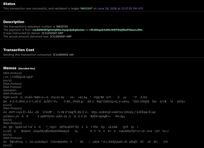 The image shows a successful XRPL Testnet transaction (sequence #18613134, ledger 18613247) confirming a 0.000001 XRP payment between addresses, with the accompanying post noting that Ghana is piloting a "DNA On Chain" digital identity system using zero-knowledge proofs anchored on the XRP Ledger Testnet.