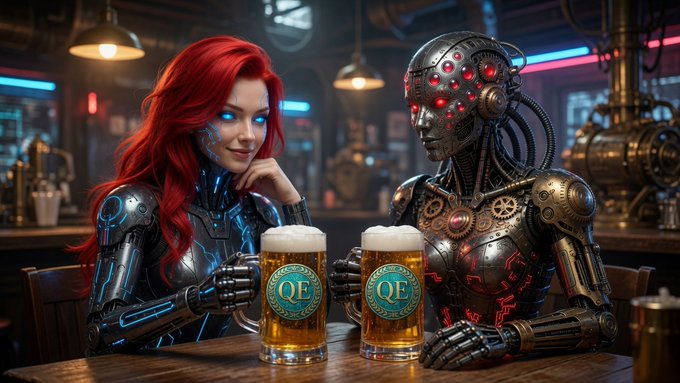 Two cybernetic figures—a red-haired humanoid with glowing blue accents and a steampunk-inspired android with red-lit eyes—share frosty mugs labeled "QE" at a dimly lit industrial bar. The scene playfully visualizes the post's theme of AI agents (like "Donut") collaborating over a pay-per-call resource, with the beer brand "QE" cleverly nodding to quantitative easing and the market sentiment/price divergence discussion.