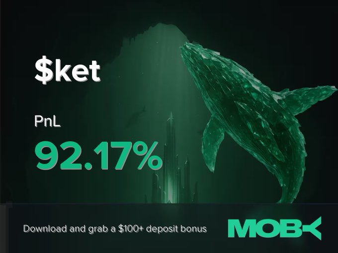 The image shows an advertisement for a cryptocurrency called Ket. It displays a picture of a whale, which is associated with the Ket coin, swimming in the ocean under a green background. The image includes text that reads "Sket" and "92.17% PnL". In addition to this information, there are details about the mobile trading app where traders can buy, sell, or hold cryptocurrency positions. The post states that a trader has just closed a position with a profit of $92.17% on Ket.