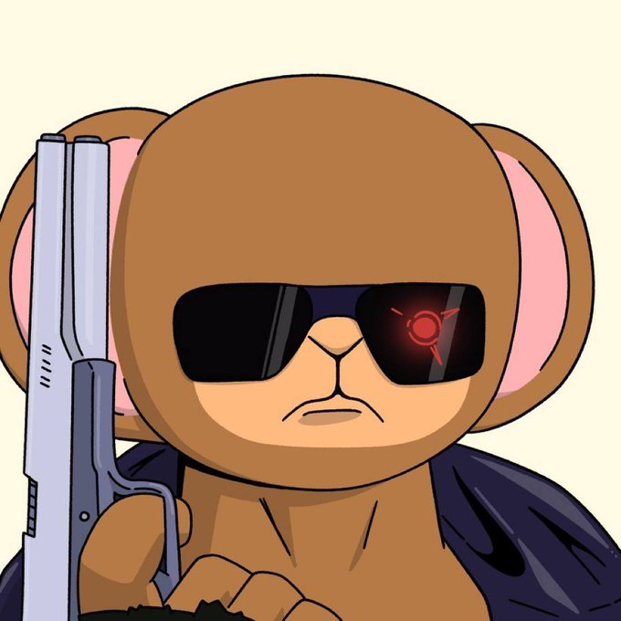 A cartoon bear wearing sunglasses and a cape holds a futuristic gun, with one lens reflecting a red targeting reticle, projecting a "terminator" vibe that aligns with the post's message about $Bunkee being an unstoppable opportunity you don't want to watch from the sidelines.