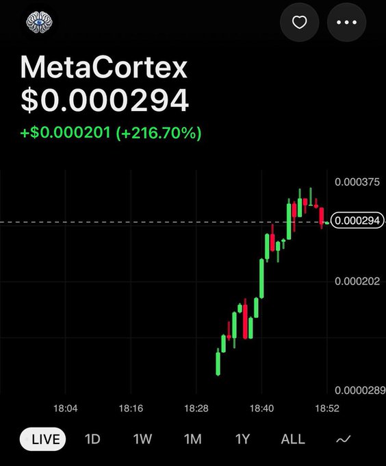 A live crypto price chart shows MetaCortex ($MCX) trading at $0.000294, up +$0.000201 (+216.70%), with a steep upward candlestick pattern confirming the post's claim of a +200% gain shortly after launch.