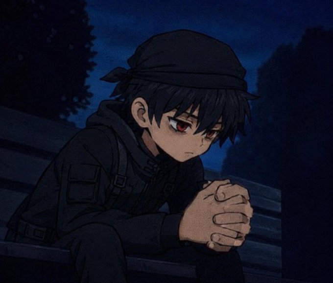 A young anime boy with dark hair, red eyes, and a black bandana sits alone on a bench at night, dressed in all black with his hands clasped and a somber, dejected expression. The melancholic imagery of him sitting in solitude mirrors the post's sentiment of being "sidelined" while watching others profit from tokens like CZ, ANSEM, and CASHCAT.