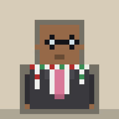 A pixel art character with dark skin wearing pixelated sunglasses with cyan lenses and a black outfit with a pink tie, set against a beige background.
