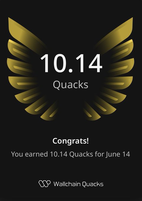 The image features a poster or advertisement with a gold logo depicting an eagle holding a gold medal above a number ten and fourteen, representing a Quacks achievement of 10.14 Quacks for June 14th. The message emphasizes that you have earned these Quacks by participating in a contest or achieving a goal on @wallchain, which is a website dedicated to wallchains where users can earn rewards based on their interactions with the platform.