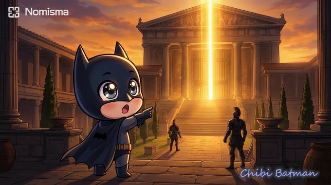 The image features a cartoon character dressed as Batman standing next to a building with columns at night. The character has a bat symbol on his chest and is pointing towards something outside of the frame. Below the image, there's text that reads "Real community is more than just attention: @NomismaNetwork Trust becoming a live market instead of static security. @quipnetwork Trust becoming a live market instead of static security. @Appreciators_IO With NFTs and content, community actually". This suggests that the image is related to a post about the importance of trust in online communities or how people are using NFTs for content creation and appreciation.