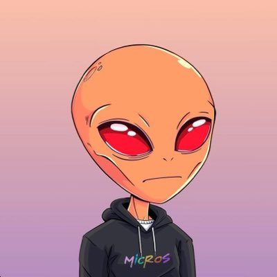 A cartoon illustration of an orange alien with large red eyes wearing a black hoodie that has 'MIGR0S' written on it.