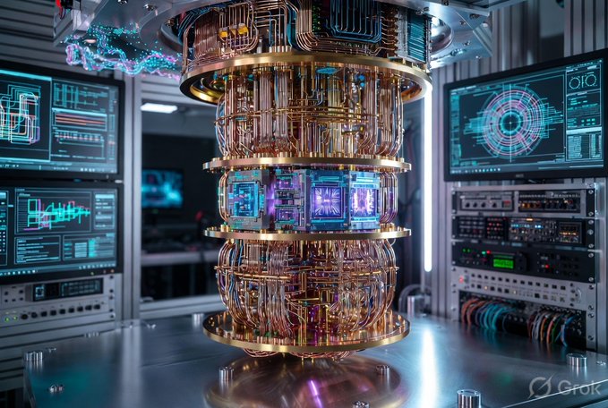 A towering, intricate quantum computer with illuminated purple cores and copper wiring dominates a high-tech laboratory surrounded by glowing data monitors. The image visually embodies the post's message about quantum computing's potential to disrupt current cryptographic systems that rely on classical computational limitations.