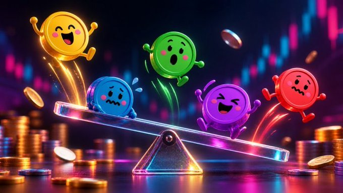 A vibrant 3D-rendered illustration of colorful emoji-like coin characters (yellow, blue, green, purple, and red) playing on a glowing seesaw with a stock chart background and gold coins scattered around.