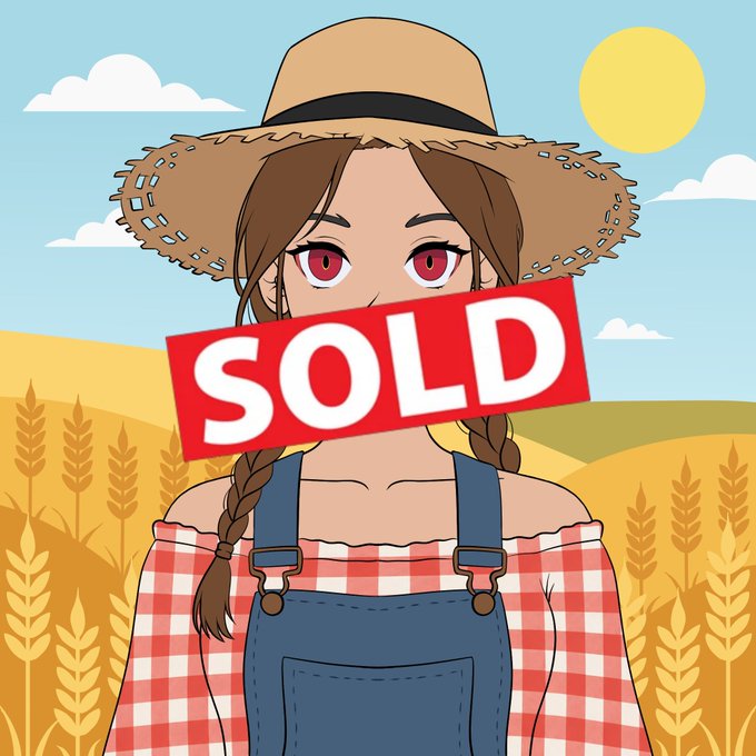An anime-style farmer girl in a straw hat and overalls stands in a wheat field under a sunny sky, with a red "SOLD" banner covering the lower half of her face, announcing the auction winner @FarmerUnionXRPL of the seventeenth 1/1 NFT piece, with more auctions teased on the horizon.