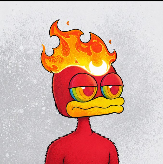 A digital illustration of a red bird character with rainbow-colored eyes and a flame burning on top of its head.