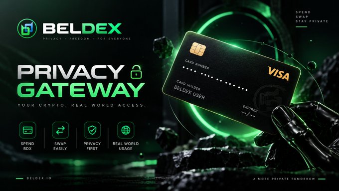 A promotional banner for BELDEX featuring their 'Privacy Gateway' Visa card, emphasizing features to Spend BDX, Swap easily, keep Privacy First, and use Real World Usage.