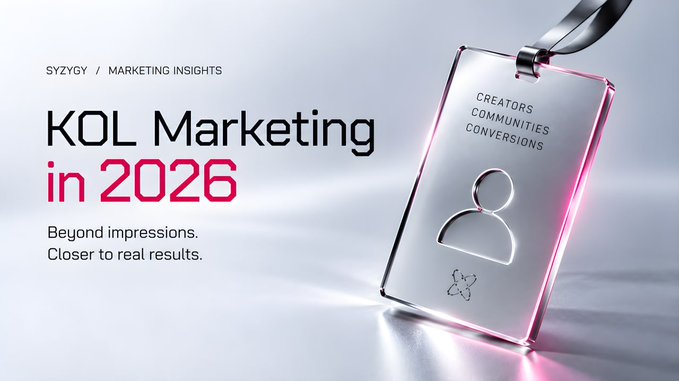A promotional graphic titled 'KOL Marketing in 2026' by SYZYGY Marketing Insights, featuring a 3D metallic badge labeled 'CREATORS COMMUNITIES CONVERSIONS' with the tagline 'Beyond impressions. Closer to real results.'