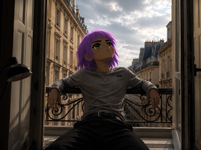 A digital illustration of a young person with purple hair sitting on a balcony overlooking a Parisian cityscape with classic European architecture under a cloudy sky.