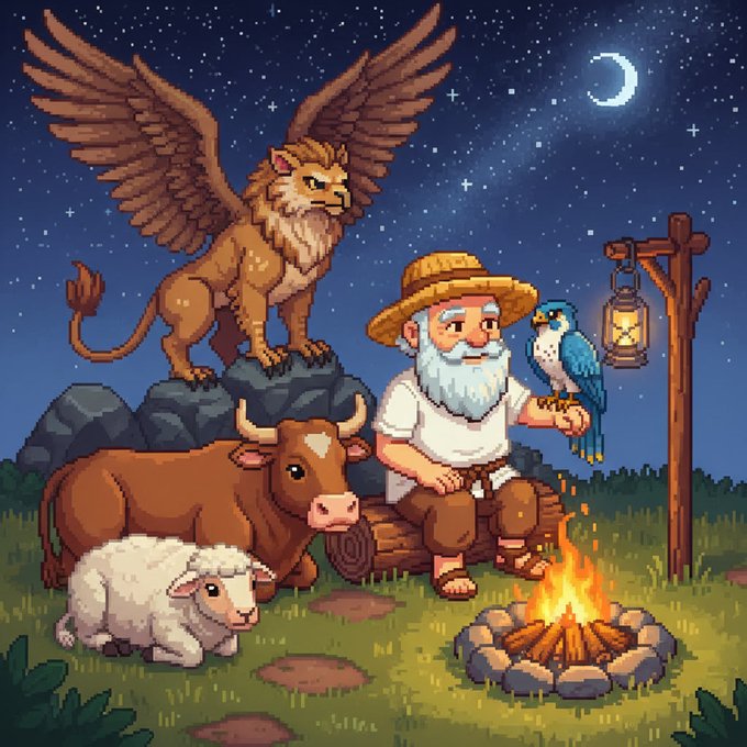 An old bearded farmer in a straw hat sits by a crackling campfire at night, holding a blue parrot on his arm alongside a cow, sheep, and a winged lion atop rocks, while a lantern hangs from a wooden post beneath a starry crescent moon sky. The pastoral fantasy scene mirrors the post's announcement of "Gold Grass" ($GG) going full release, with the farmer as a welcoming host gathering diverse creatures at the fire, symbolizing the launch's four locations (farm, mountains, caves, castle) and the community coming together for every player.