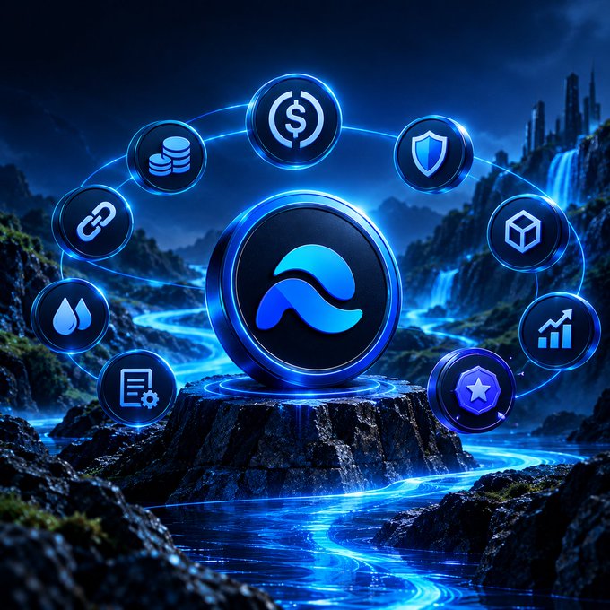 A digital art image featuring a glowing blue Aave (AAVE) cryptocurrency logo centered on a rocky platform surrounded by circular icons representing financial concepts like coins, shield, link, and chart, set against a mystical landscape with waterfalls and a futuristic city.