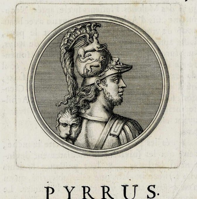 An engraved portrait medallion labeled "PYRRUS" depicting the ancient Greek king Pyrrhus in profile, wearing an ornate plumed helmet and armor, with a Medusa head visible on his shoulder. The image thematically illustrates the post's reference to a "Pyrrhic Victory," alluding to Pyrrhus's famous costly victories against Rome, which parallels the article's argument that the CLARITY Act's collapse may be a costly defeat for its opponents despite their apparent short-term win.