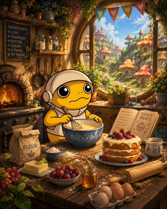 A cheerful yellow toad in a cozy mushroom-village kitchen whisks batter beside a cake, a recipe book titled "TOAD'S TREATS," and an ingredient list featuring "LOVE, KINDNESS, BUTTER, SUGAR, A PINCH OF MAGIC." The whimsical scene captures the post's playful theme of baking something special in the mushroom kingdom with $TURBO love as the secret ingredient.