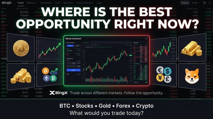 The image is a BingX promotional graphic featuring the text "WHERE IS THE BEST OPPORTUNITY RIGHT NOW?" alongside a market dashboard displaying BTC, stocks, gold, forex, and crypto (including a Shiba Inu memecoin icon). It visually supports the post's message about diversifying trading opportunities beyond just crypto, showcasing BingX's multi-asset trading platform.