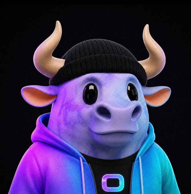 A 3D render of a cute purple cow character wearing a black beanie and a blue-to-purple gradient hoodie, featuring large black eyes and tan horns.