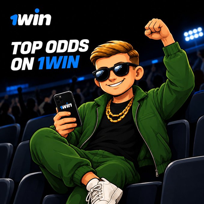 A cartoon-style advertisement for 1WIN betting features a smiling character in sunglasses and a green tracksuit holding a phone with the 1WIN logo, with text reading "TOP ODDS ON 1WIN" against a stadium background.