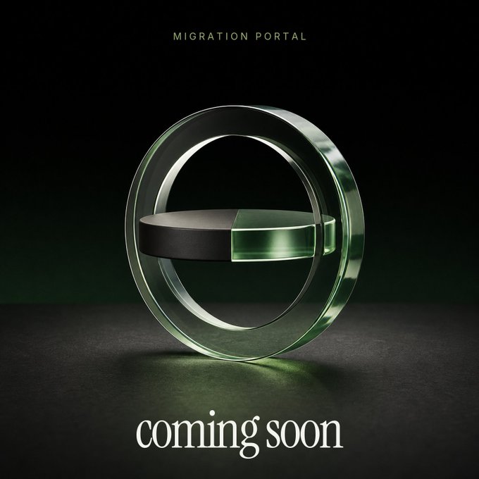 A sleek promotional teaser for the "Migration Portal" cryptocurrency launch, featuring a glossy green-tinted metallic portal design with "coming soon" text, hinting at an upcoming new project poised to shake up the "ponz take over" narrative in the crypto space.