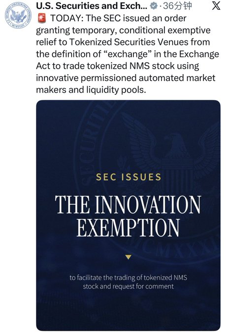The image shows an X post from the U.S. Securities and Exchange Commission (SEC) account, dated 36 minutes ago, announcing that the SEC issued an order granting temporary, conditional exemptive relief to Tokenized Securities Venues regarding the definition of "exchange" in the Exchange Act, enabling them to trade tokenized NMS stock using innovative permissioned automated market makers and liquidity pools. Below the text is a graphic with the SEC seal reading "SEC ISSUES THE INNOVATION EXEMPTION to facilitate the trading of tokenized NMS stock and request for comment," directly illustrating the regulatory action referenced in the accompanying post about the SEC taking immediate steps to build an "administrative version of market structure."