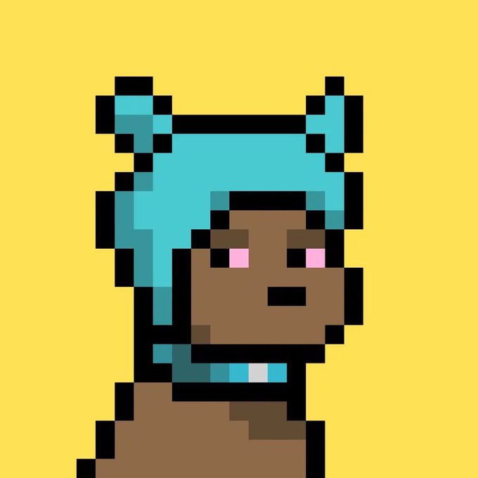 A pixel art portrait of a character with cyan hair and horns against a yellow background.