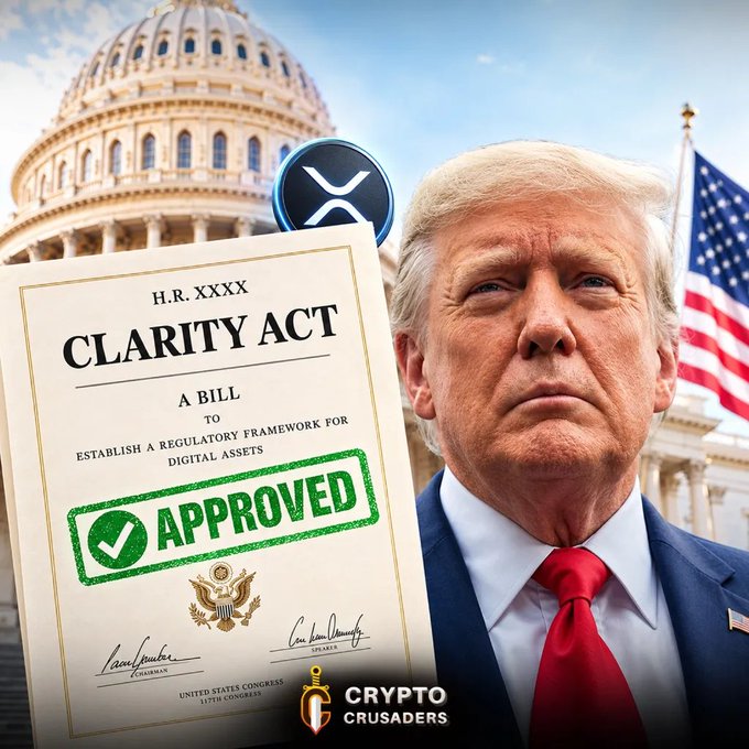 A political graphic showing Donald Trump in front of the U.S. Capitol building, with an American flag and the XRP logo in the background. He holds a document labeled 'H.R. XXXX CLARITY ACT - A BILL TO ESTABLISH A REGULATORY FRAMEWORK FOR DIGITAL ASSETS' stamped 'APPROVED,' branded with the 'Crypto Crusaders' logo.