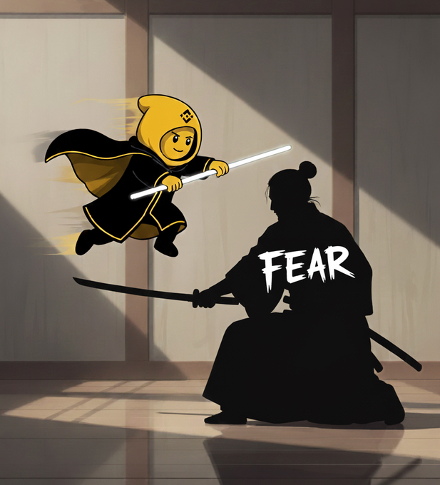 The image features a cartoon illustration of a boy wearing a yellow outfit, holding a sword, and another person dressed in black, also holding a sword. The boy appears to be running or jumping while holding his sword, while the other person is standing still with their sword. The background shows a room with a window that allows natural light into the space.

The post "Binancians never panic" suggests that the boy in the image should not panic when faced with danger and instead remain calm to make better decisions. This message can be applied to various aspects of life, including martial arts or combat situations. The cartoon illustration serves as a reminder for viewers to stay composed and focused during challenging circumstances.