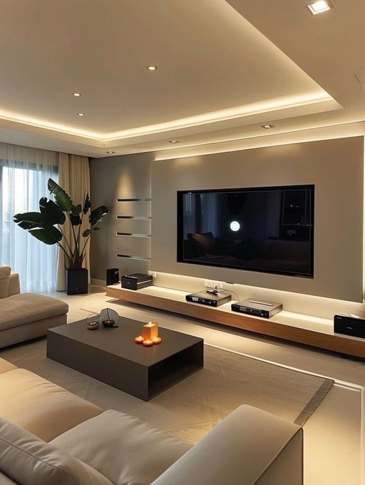 A sleek, modern living room features a wall-mounted flat-screen TV with ambient backlighting, a low-profile dark wood coffee table adorned with glowing candles, and warm recessed ceiling lighting. The minimalist, luxurious aesthetic—including the plush sectional sofa and integrated floating shelves—directly complements the post's appreciation for a sophisticated home setup in one's 30s.